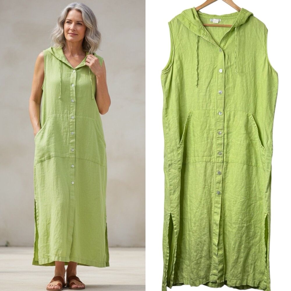VTG Out Fox Linen Maxi Dress XL Lime Green Hooded Button Front Lagenlook Boho